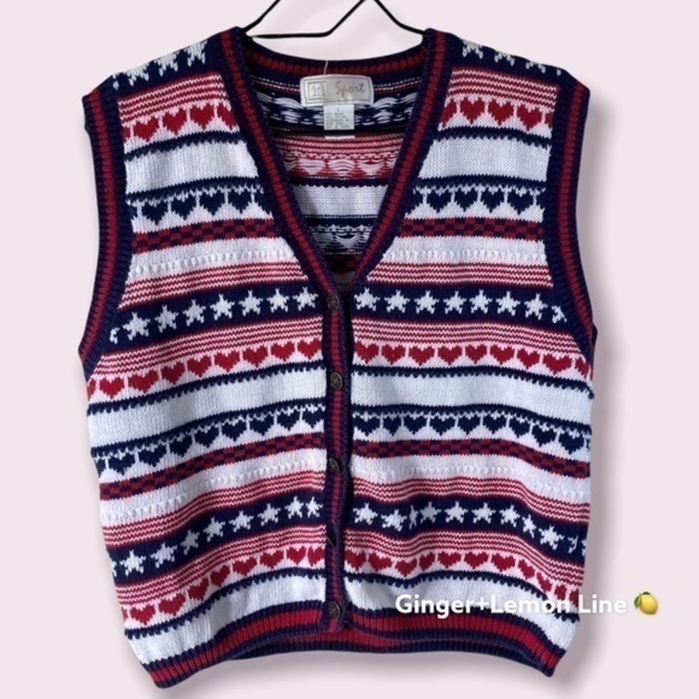 1990s Heart & Star Red White and Blue Sweater Vest Large